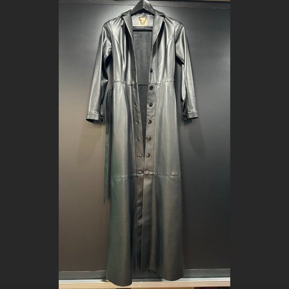 Julia Allert Long button-up Trench/ Raincoat Eco-Leather Black - Picture 4 of 9